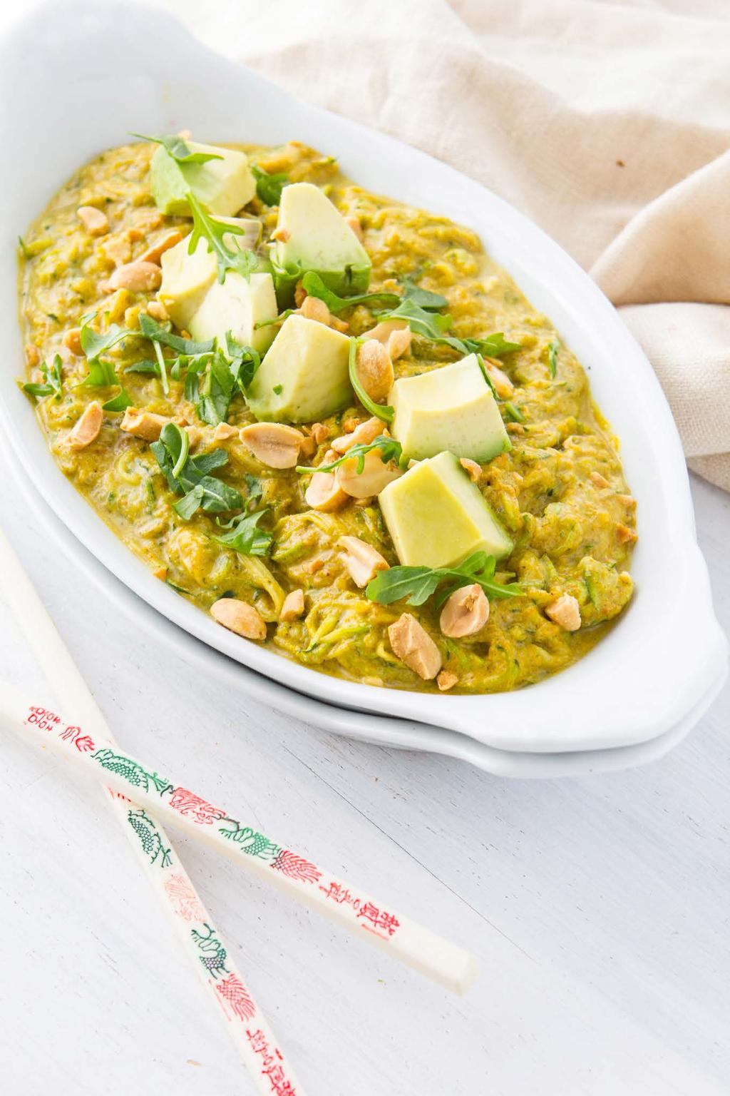 05 Curry Noodles 1 large zucchini 1 orange, peeled 1 cup red cherry tomatoes 1 tablespoon tahini dressing 1 teaspoon tumeric ¾ Tbsp curry powder A pinch of Braggs, Coconut Aminos, or Tamari 2 Tbsp