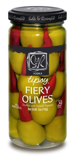 6oz VODKA FIERY TIPSY OLIVES Colossal green olives hand-stuffed and hand-packed with a volcanic Turkish pepper and bathed in vodka.