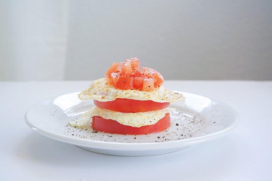 Egg Tomato Stack Day 1 Ingredients 2 eggs 2 slices of a large tomato 1 teaspoon coconut oil Salt and pepper to taste Instructions 1.