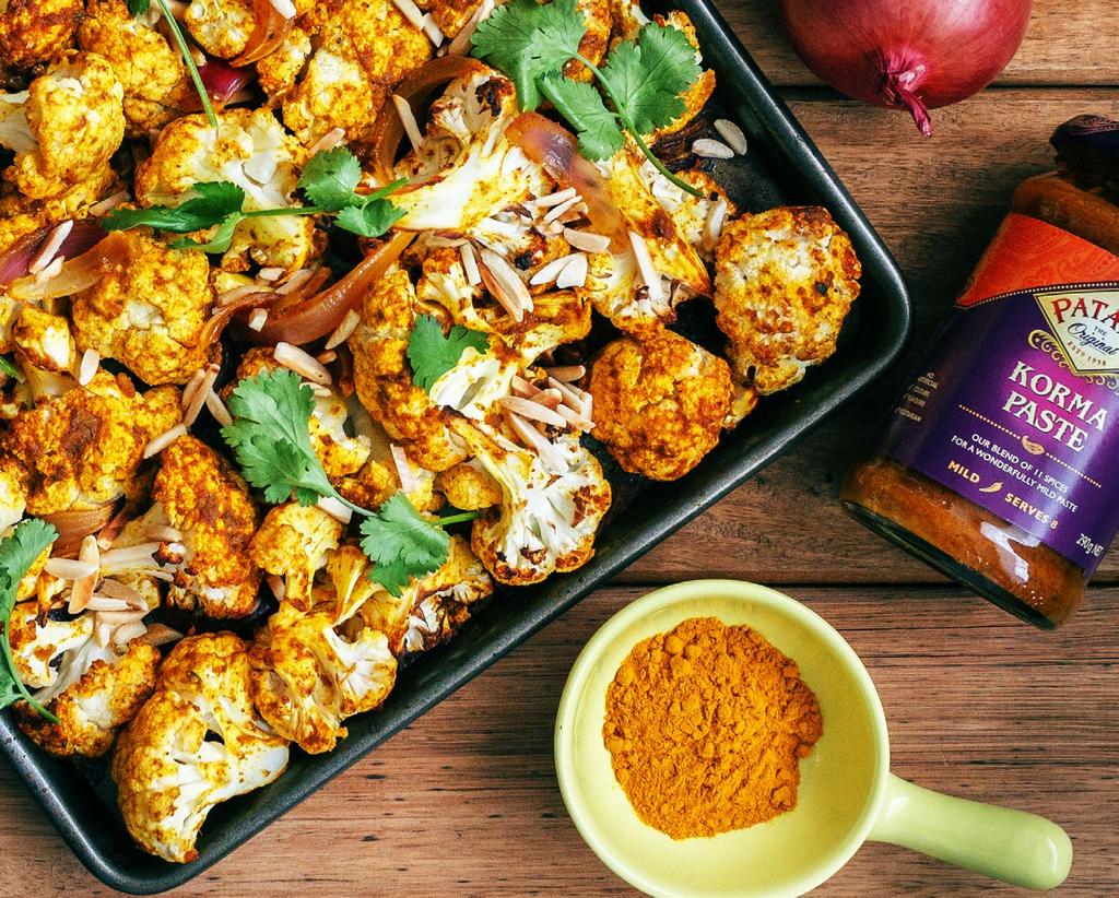 30 MINUTES MILD ROASTED KORMA CAULIFLOWER 1 head of cauliflower, cut into large florets 1 red onion, sliced into thin wedges 1/3 cup Patak s Korma Curry Paste ¼ cup water 1/2 cup coriander leaves ¼