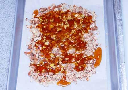 13 9 Immediately pour the hot melted sugar over the chopped almonds. Be careful, it s hot! Allow the caramelized sugar to cool completely.