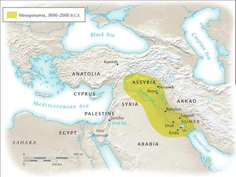 MAP 2.1 Early Mesopotamia, 3000 2000 B.C.E.Note the locations of Mesopotamian cities in relation to the Tigris and Euphrates rivers. In what ways were the rivers important for Mesopotamian society?