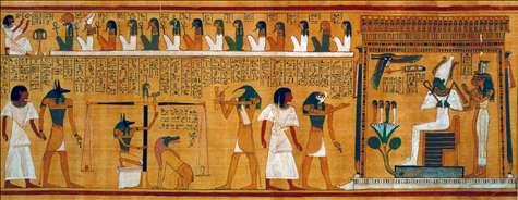 Picture: Osiris, Egyptian god of the underworld (seated at right), receives a recently deceased individual, while attendants weigh the heart of another individual against a feather to determine if