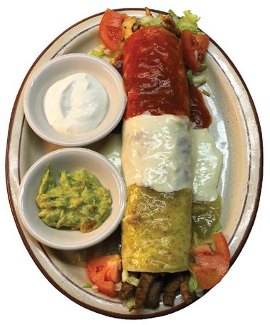 99 Two chimichangas (one chicken, one beef) topped with melted Mexican cheese dip and ranchero sauce. Served with beans, lettuce, guacamole and sour cream.