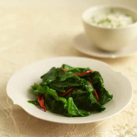 Haak Baby Spring Greens 4 tablespoons oil a pinch of bicarbonate of soda 550 ml (17½ fl oz) water 400 g (13 oz) baby spring greens, washed and leaves torn into four (remove and discard the thick
