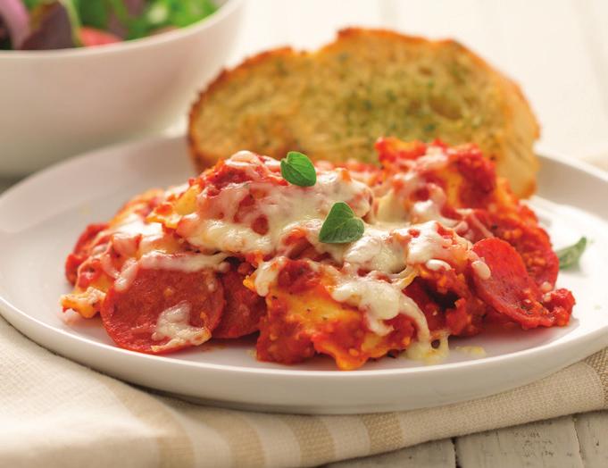 Pepperoni Ravioli Pizza Bake 1 (28 ounce) can crushed tomatoes 1 (25 ounce) package frozen or refrigerated cheese ravioli, thawed if frozen 1 (5 ounce) package mini pepperoni slices 1½ cups shredded
