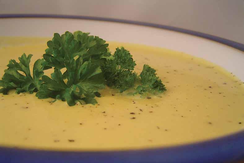 Celery Soup 1/2 cup chopped onion 1 cup of chopped celery, 1/2 clove garlic, minced 1 cup chicken stock Pinch of salt Pinch of pepper Fresh chopped chives and parsley Fry