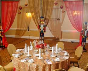 Function Space Indoor and Outdoor Options Available White House Linens with Red, Green, Gold, Black or White Napkins Votive Candles
