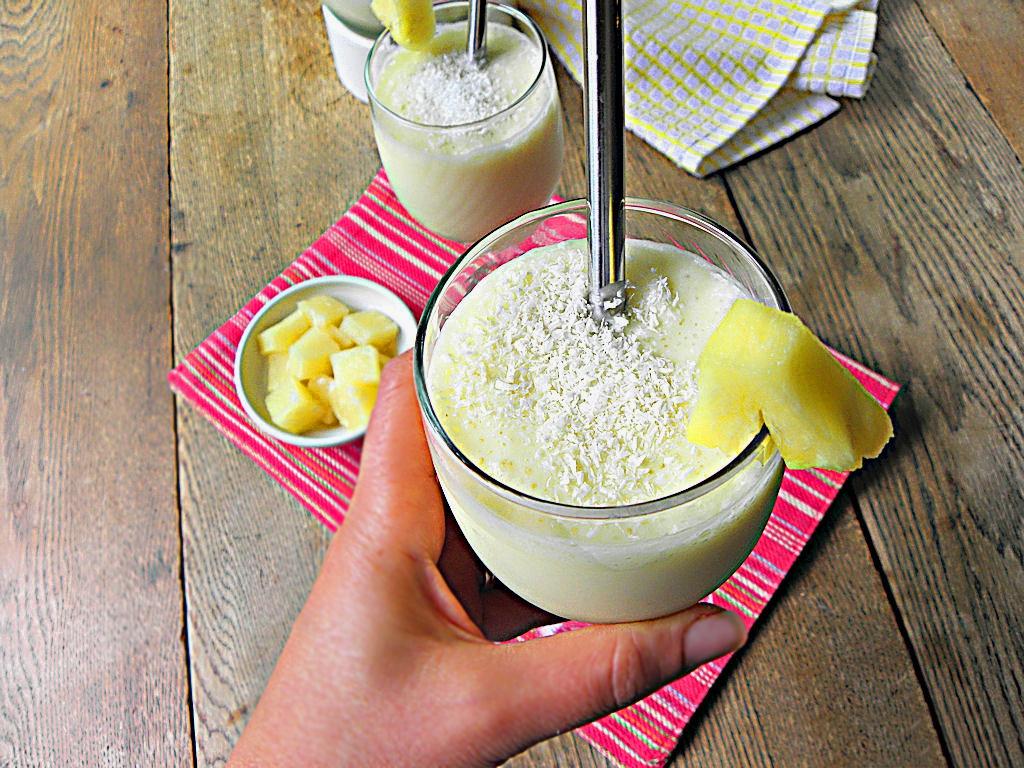 Pina Colada Icee 2 cups light cream 1/2 cup crushed pineapples with juice 2 scoops vanilla protein powder 1/2 tsp coconut extract, optional 1 cup crushed ice Very Simple: Mix