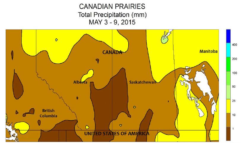 At mid-week, beneficial showers (rainfall totaling more than 10 mm) developed over Manitoba, providing needed moisture for newly sown spring crops.