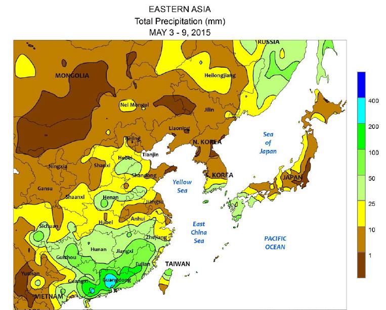 Weather & Crop Conditions Worldwide - May 12, Eastern Asia Widespread rainfall in eastern China provided beneficial moisture to winter crops in the latter stages of development as well as spring-sown