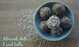Almond, date and seed balls 1 cup almonds 1 cup dates 1 tbsp chia seeds 1 tbsp sesame seeds 1. Add dates and almonds to the food processor and blend.