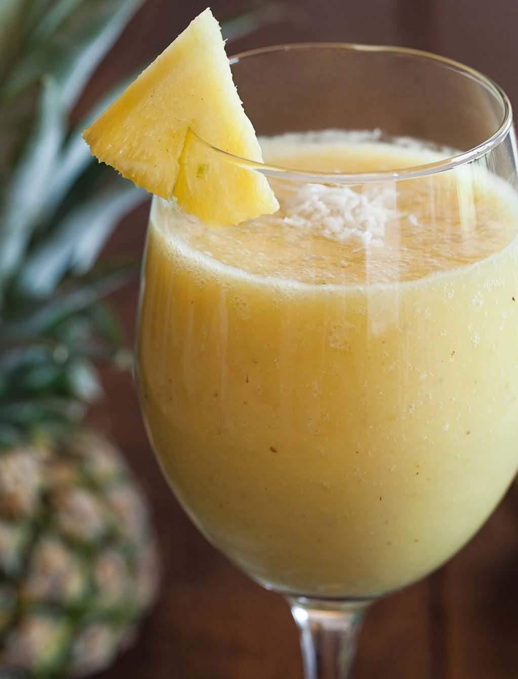 Piña Colada Smoothie Total Time: 5 minutes Serves: - cup coconut milk ½ cup frozen pineapple ½ banana ¼ cup protein powder 3 tablespoons sprouted chia