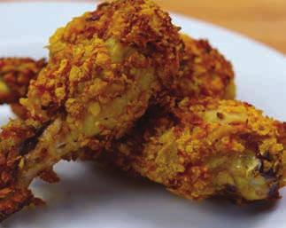 Spicy Fried Chicken 10 ½ cup buttermilk 1 tbsp hot sauce 2 lbs chicken drumsticks, skin removed cup crushed corn flake cereal 1/3 cup grated parmesan cheese ½ tsp salt ¼ tsp pepper Add buttermilk,