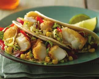 Beer Battered Fish Tacos Fish: 2 eggs cod lets or other white fleshed sh 1 ¼ cup lager beer cup all purpose flour 3/4 tsp baking powder salt & pepper 4 small tortillas 13 Topping: ½ cup corn (fresh