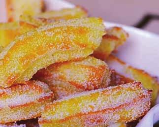 Mini Churros 49 1 cup water ½ cup unsalted butter ¼ tsp salt cup all purpose flour 3 eggs ¼ cup sugar (for coating) Using a stovetop and a medium saucepan, bring water to a boil.