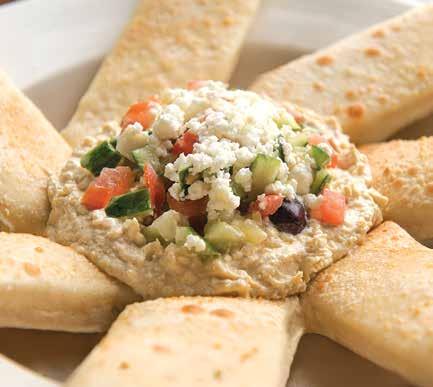 Appetizer Platters Hummus Serves 10-15 Our signature, creamy hummus served with our fresh baked Focaccia bread l 25 Mediterranean Hummus Serves 10-15 Our classic hummus topped with tomato, cucumber,