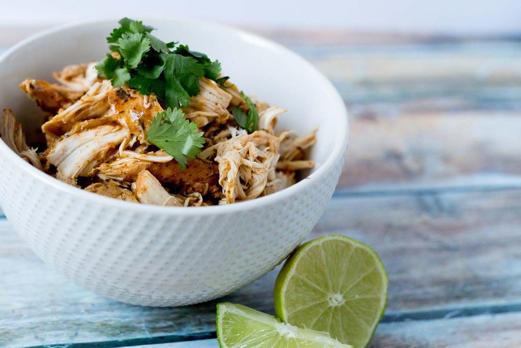 SLOW-COOKER CILANTRO-LIME CHICKEN 3 lb boneless, skinless chicken breasts 1 jar of salsa 1 small package of low-sodium taco seasoning mix 1 lime, juiced 3 tbsp fresh cilantro, chopped SERVINGS PER