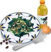 Week 4 Spinach with Pine Nuts and Raisins Yield: 2 generous half-cup servings 2 tablespoons vegetable broth or water 3/4 th to 1 pound baby spinach leaves * Pinch of salt 2 teaspoons olive oil ½