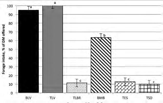 consumed as a percentage of the total DM intake by each horse (% of DM intake; Fig. 4). Preference (kg/d) was greatest (P < 0.05) for TLV followed by BLV (P < 0.05). The least preferred (P < 0.