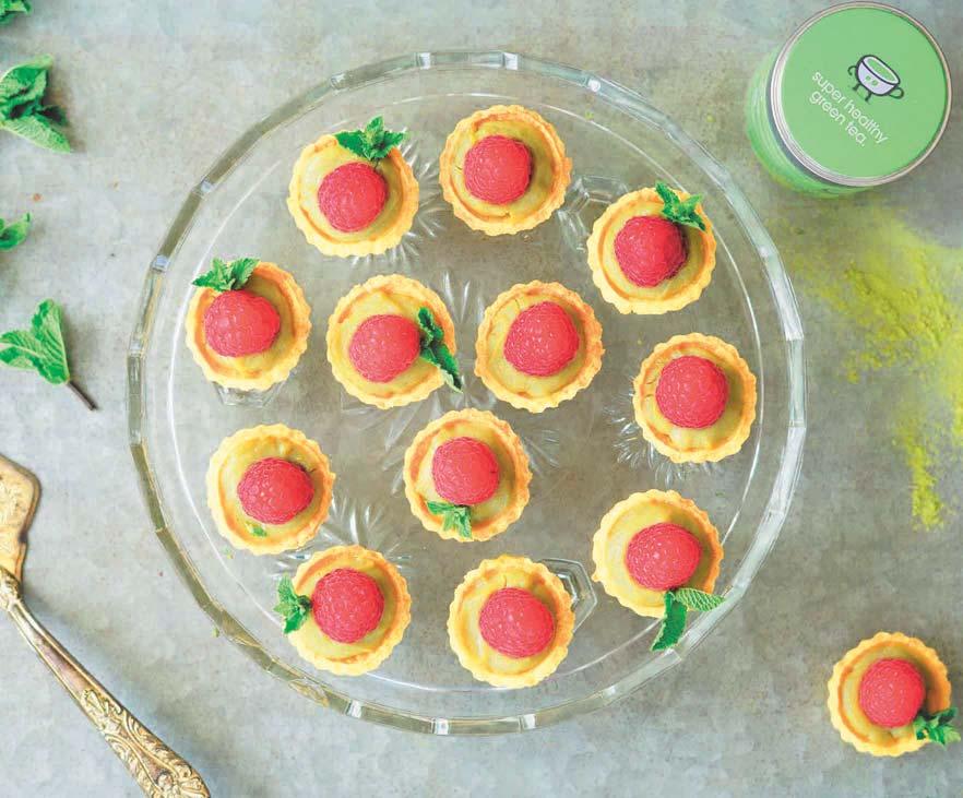 Small pastry tartlet cases 4 large egg yolks ½ cup granulated sugar ¼ cup corn flour 2 tsp. Mighty Matcha Green Tea Powder Pinch of fine sea salt 2 cups whole milk ½ tsp. vanilla essence 3 tbsp.