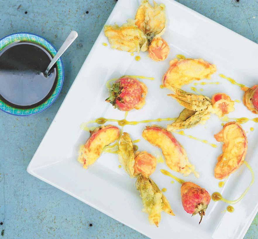 Tropical Tempura Fruit with Mighty Matcha Dipping Sauce 100gm pineapple 2 kiwi fruit 8 physalis 8 strawberries 2 nectarines Flour for dusting Dipping Sauce 125gm Sugar 250ml water 1 tbsp.