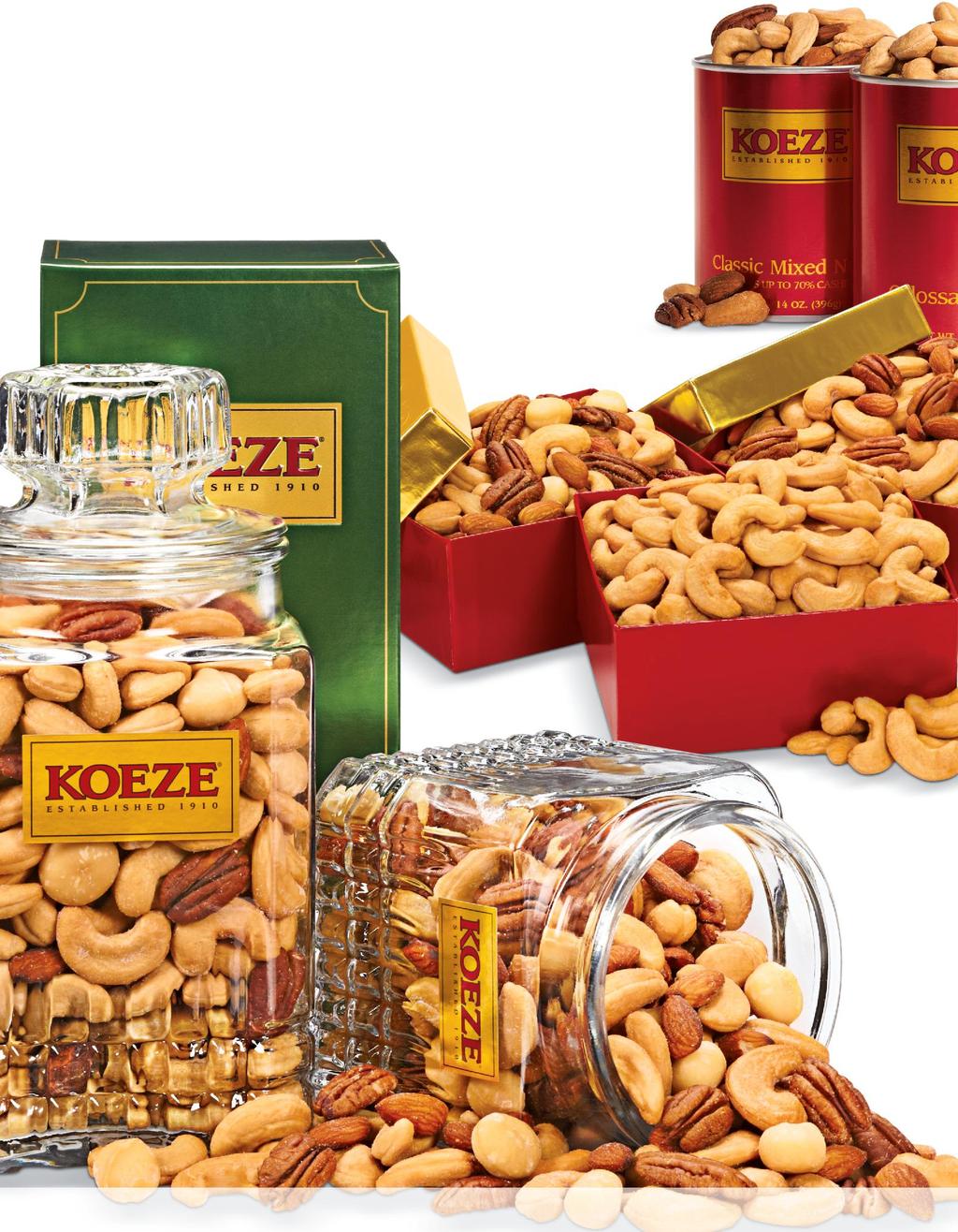 MAGNIFICENT MACADAMIAS MIXED NUTS WITH MACS Huge, buttery, pearl white Macadamias star in this mix with Koeze s Colossal Cashews, California almonds and Southern pecans.