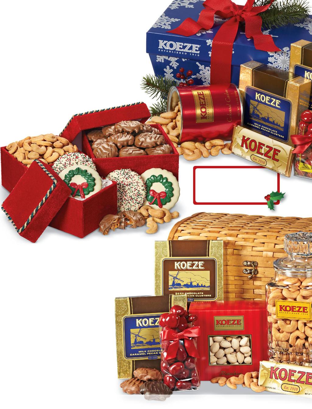 ÕTIS THE SEASON FAVORITES BOX This elegant box hits all the right notes with best-selling Koeze favorites including our signature Colossal Cashews, luxurious milk chocolate turtles and luscious