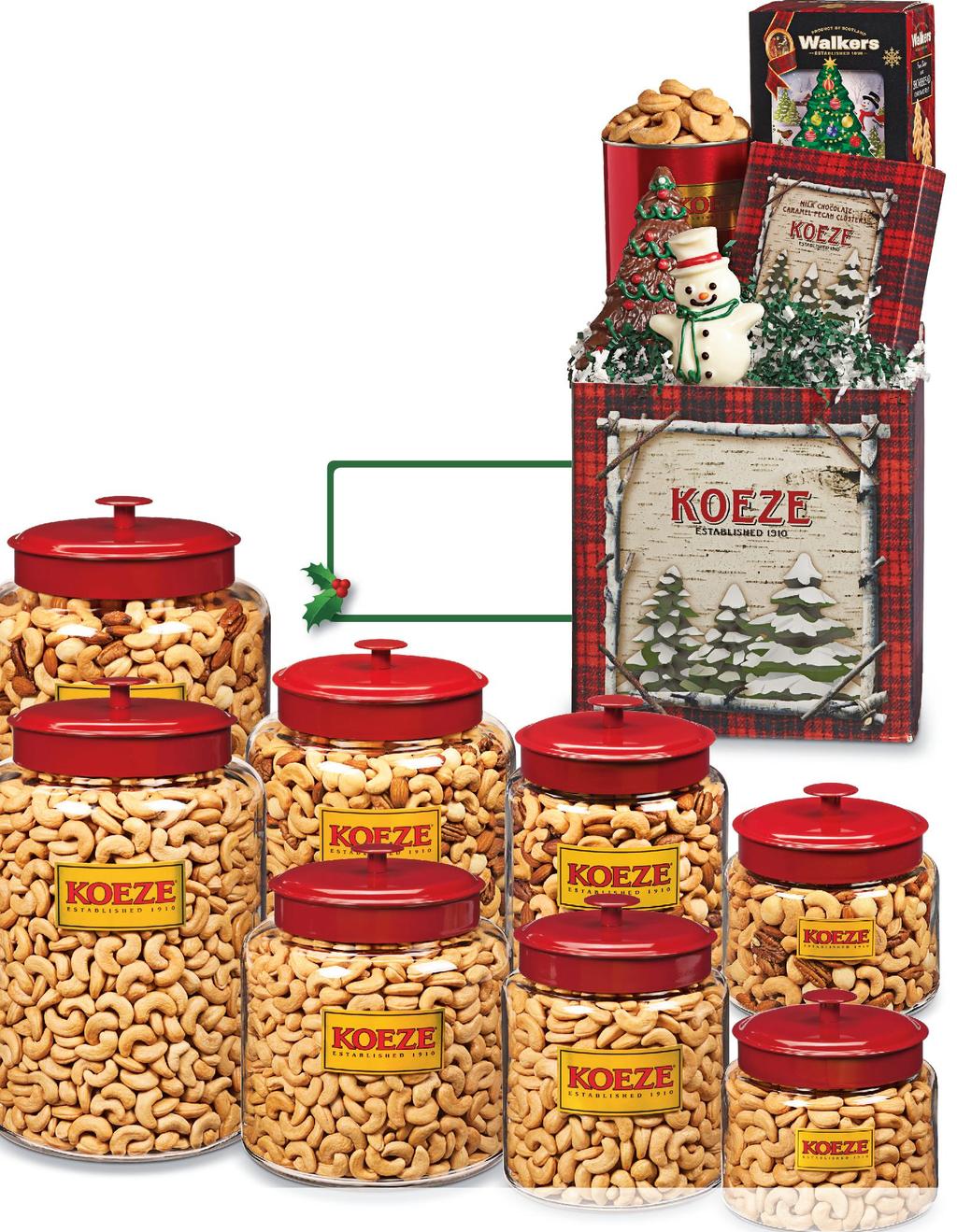HUGE GLASS JARS OF MIXED NUTS WITH MACADAMIAS Get the holiday festivities rolling with a giant jar of Koeze s Mixed Nuts with Macadamias.