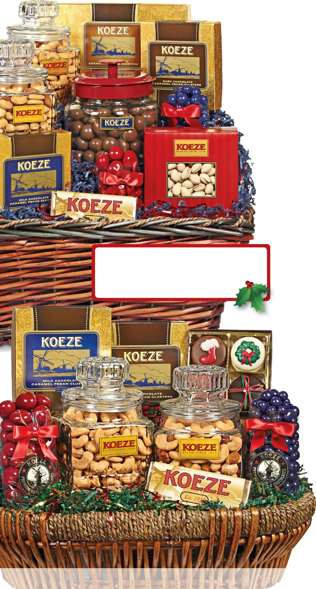 GIFT BASKETS COLOSSAL BASKET A beautiful wicker basket artfully packed with Colossal Cashews and a stunning collection of nuts, turtles and tantalizing sweets.