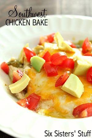 DAY 7 EASY SOUTHWEST CHICKEN BAKE M A I N D I S H Serves: 8 Prep Time: 15 Minutes Cook Time: 50 Minutes 4 cups cooked chicken (divided and cubed) 2 (14 ounce) cans green enchilada sauce (divided) 1