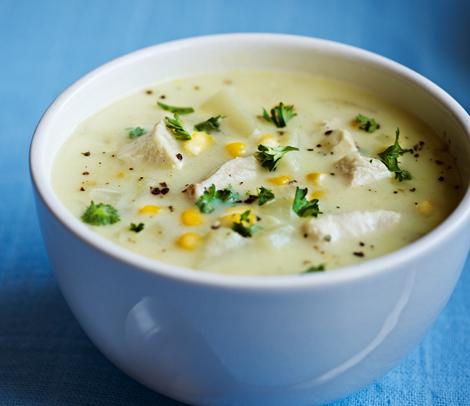 Chunky chicken and sweetcorn soup This creamy soup is made with chopped cooked chicken, onion, sweetcorn, milk and stock with some chopped fresh parsley. It's utterly delicious!