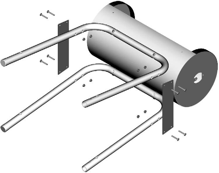 1 Stand smoker chamber on right end. Left end, with larger opening, should be facing upward. Connect long leg sections (with leg caps) to short leg sections.