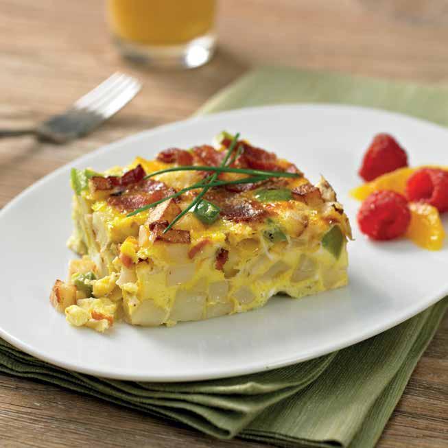 FRITTATA WITH HASH BROWN POTATOES & BACON PREP: 15 MINUTES COOK: 35 MINUTES MAKES: 6 SERVINGS 2 tablespoons canola oil 1 large onion, peeled, chopped 1 large green pepper, chopped 4 strips uncooked