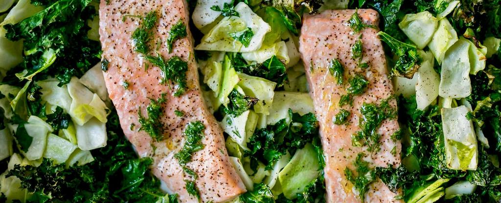 NSK One Pan Salmon, Kale & Cabbage 8 ingredients 20 minutes 2 servings 4. 5. Preheat oven to 450F and line a baking pan with foil.