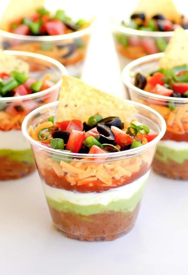 Individual Seven- Layer Dips 1 (16 ounce) can refried beans 1 (1 ounce) package taco seasoning 1 cup guacamole or make homemade guacamole 1 (8 ounce) container sour cream 1 cup chunky salsa or pico