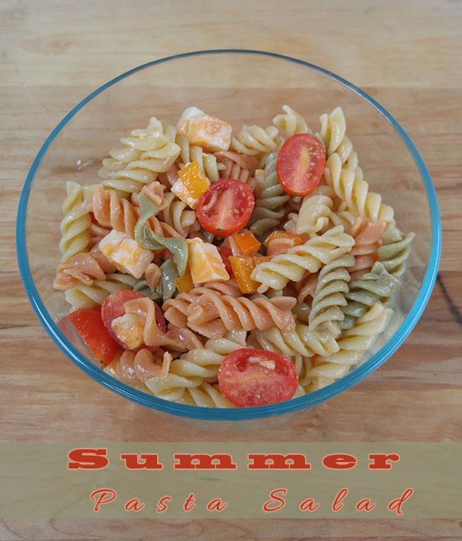 Summer Pasta Salad Recipe 10oz Rotini Garden Pasta 1/2 cup cherry tomatoes (halved) 1 red bell pepper (diced) 1 cup cubed Colby/Jack cheese 1/8 cup Balsamic Vinaigrette 1/2 tbsp.