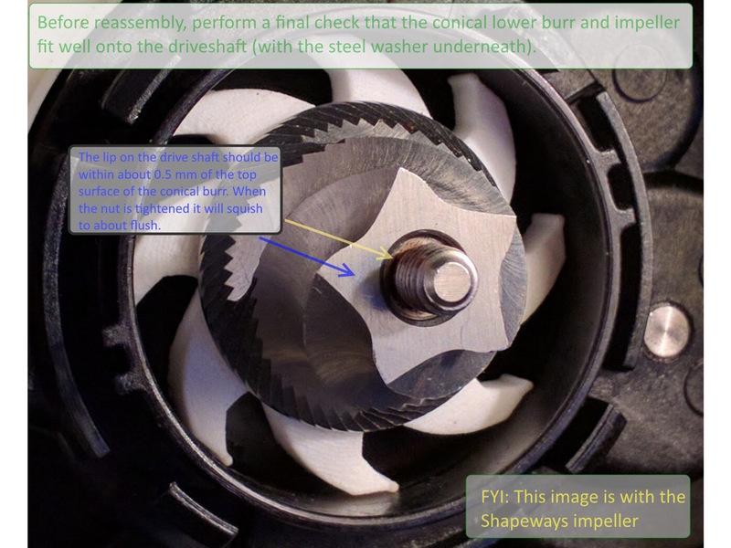 If it's clear that the lower burr is sitting too high on the impeller, see the 3rd picture and sand the area highlighted in RED.