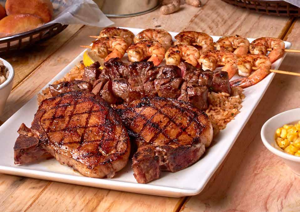 Texas-Sized Platters For 4 or More People complete your meal add any side for P85 Pork Chops, Beef Steak Tips and Shrimp Pork Chops, Beef Steak Tips and Shrimp Two bone-in pork chops, grilled beef