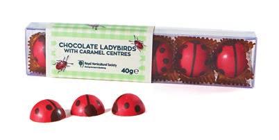 RHS013 Chocolate Ladybirds White chocolates filled with a caramel centre. Case: 8 Net Wt: 40g RHS012 White Chocolate Wellington Boots Solid coloured white chocolate wellies.