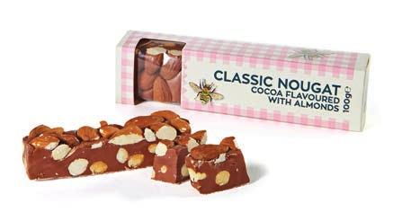 centre. Case: 12 Net Wt: 50g RHS010 Cocoa with Almond Nougat Chocolate flavoured nougat with almonds.