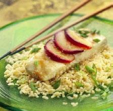 Asian Halibut and Brown Rice Packets [continued] Calories: 389 Saturated Fat: 1g Sodium: 294mg Dietary Fiber: 3g Total Fat: 8g Carbs: 48g Cholesterol: 37mg Protein: 29g Prep Time: 15 min Cook Time: