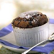 Chocolate Souffles Calories: 109 Saturated Fat: 0g Sodium: 73mg Dietary Fiber: 0g Total Fat: 2g Carbs: 19g Cholesterol: 52mg Protein: 4g Prep Time: 30 min Cook Time: 25 min Total Time: 55 min
