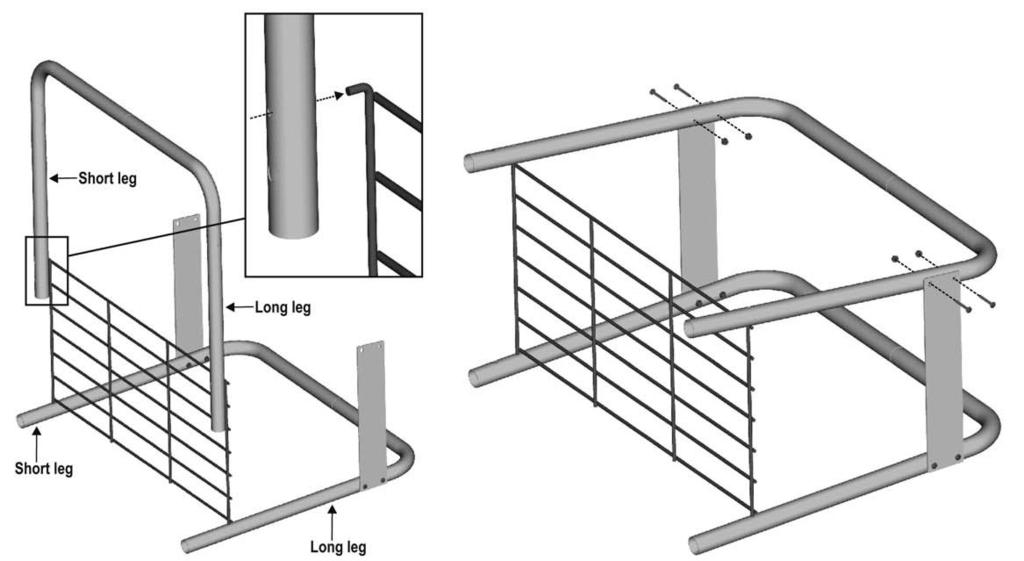 3 Lay the leg assembly on its side with cart braces pointing upward. insert the storage rack hooks into leg holes and swing rack upward, parallel to leg braces.