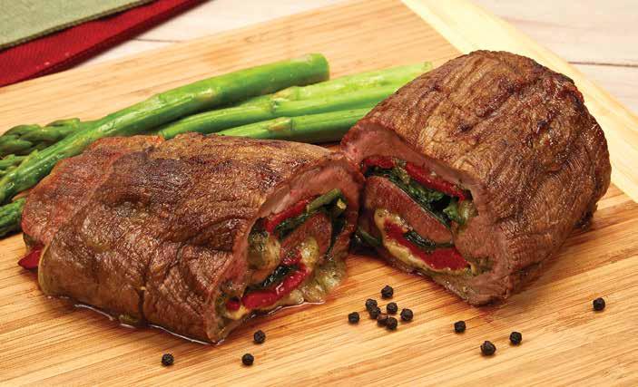 INGREDIENTS: 1 2-lb beef flank steak 3 tbsp. pesto 6 slices provolone cheese 3 oz roasted red bell peppers ¾ cup fresh baby spinach 1 tsp. sea salt 1 tsp. ground black pepper Beef roll up 1.