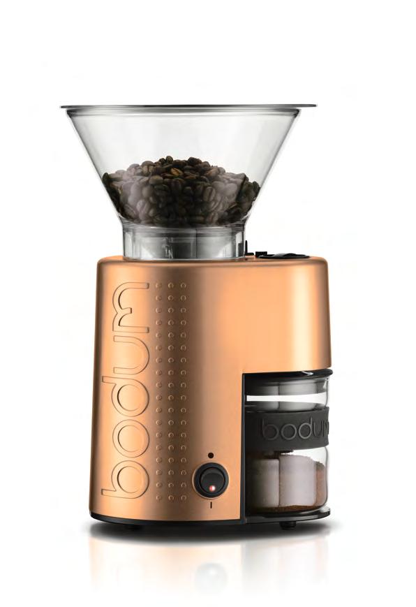 e-bodum Powerful 160 W motor The catcher is made of anti-static borosilicate glass so the fine coffee grounds don t cling to it. Lid keeps beans fresh.