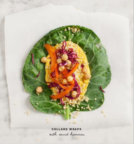 COLLARED WRAPS WITH CARROT HUMMUS This vegetarian wrap is perfect for someone who wants to go breadless and meatless. The creamy spread is a carrot hummus which is tasty in itself!