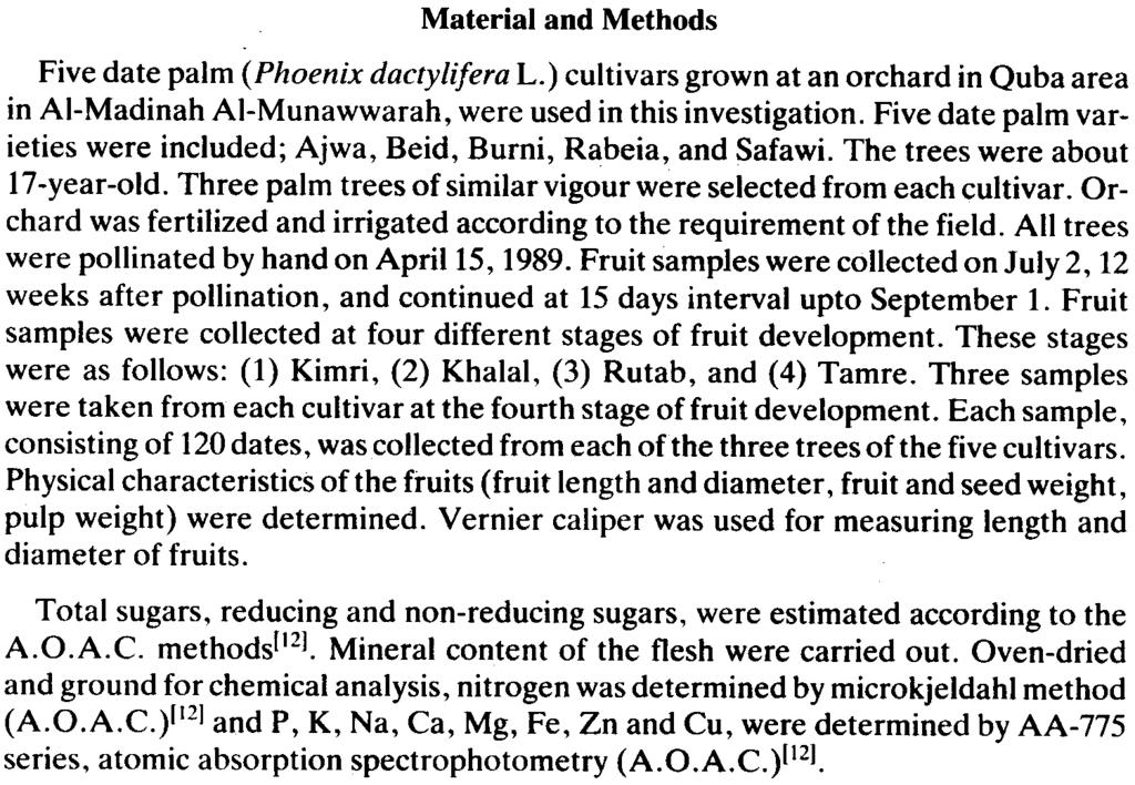 30 Gasim The main aim of this study is to evaluate the fruit growth and changes in sugars and nutrient element content of five date palm cultivars Ajwa,, Burni, and growth at AI-Madinah AI-Munawwarah