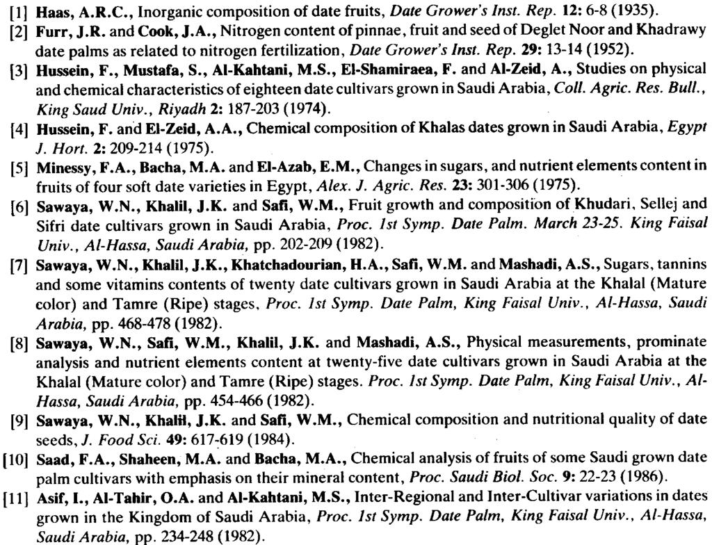 1st Symp. Date Palm. March 23-25. King Ftiisal Univ., AI-Hassa, Saudi Arabia, pp. 202-209 (1982). [7] Sawaya, W.N., Khalil, J.K., Khatchadourian, H.A., Saft, W.M. and Mashadi, A.S., Sugars, tannins and some vitamins contents of twenty date cultivars grown in Saudi Arabia at the (Mature color) and (Ripe) stages, Proc.