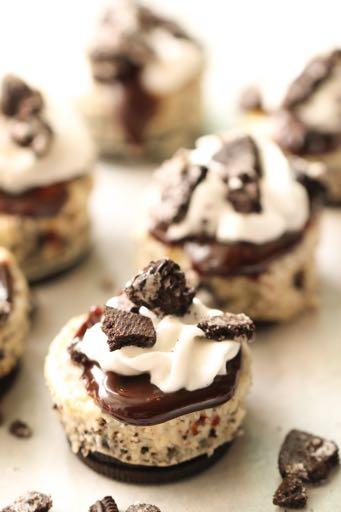MINI OREO CHEESECAKES D E S S E R T Serves: 24 Prep Time: 2 Hours 10 Minutes Cook Time: 20 Minutes 24 Oreo cookies (whole) 3 (8 ounce) packages cream cheese (softened) 3/4 cup sugar 1 teaspoon
